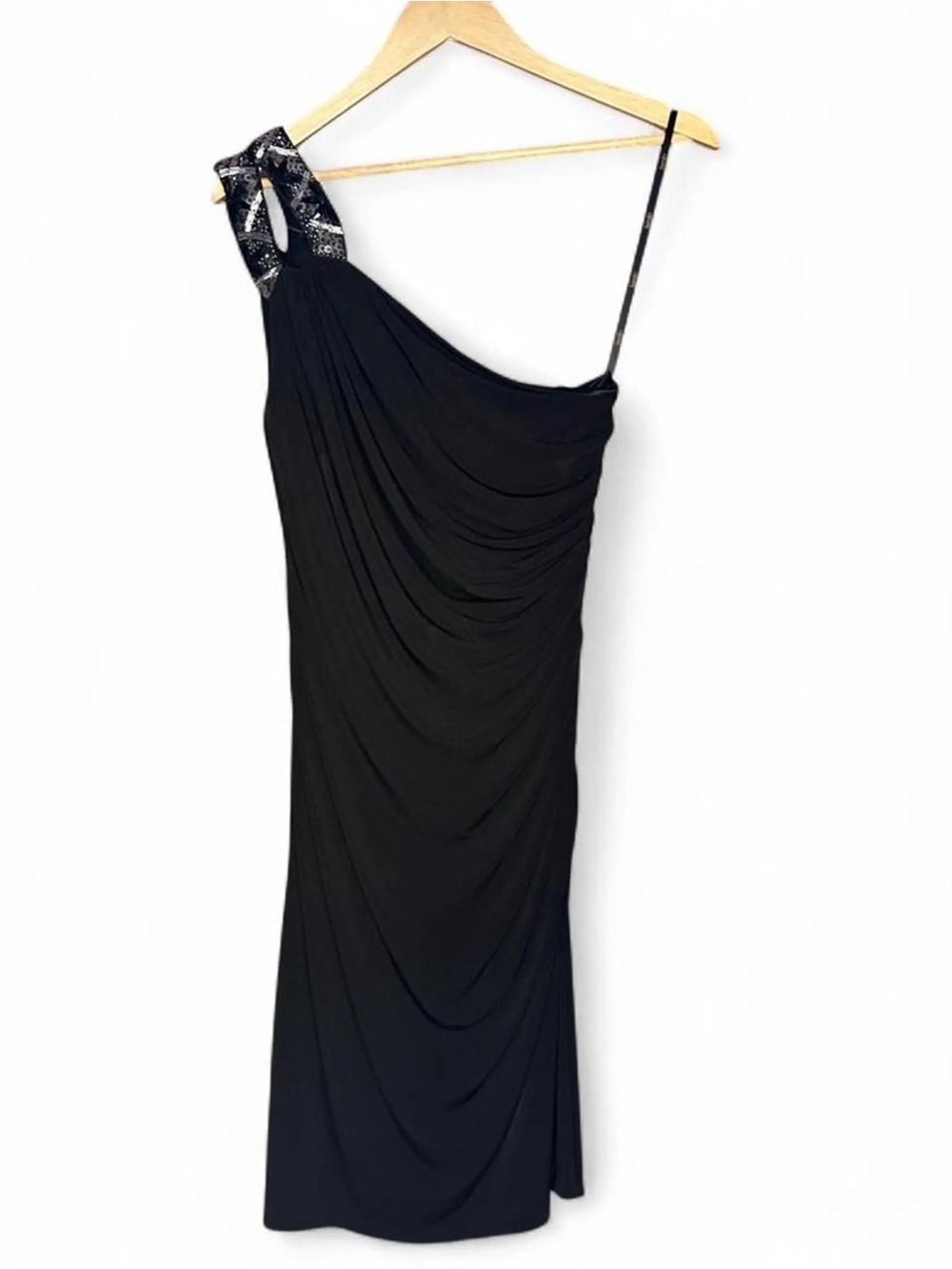 NEW Laundry by Shelli Segal 0 Black Formal Beaded One Shoulder Ruched Midi Dress